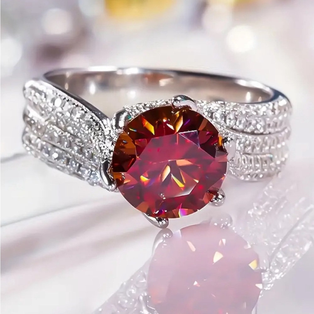 5 ct Red Moissanite and Silver Ring